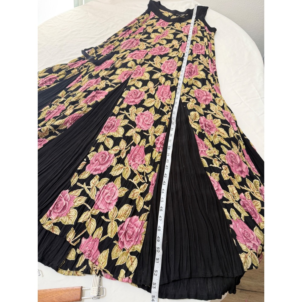 Vintage 90s Y2K Starina Floral Pleated Maxi Dress Black Pink Rose Romantic Med - Picture 9 of 10